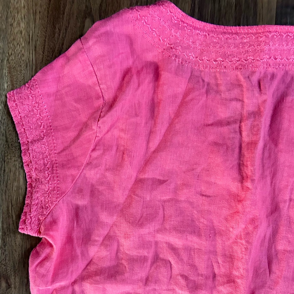 SAINT TROPEZ 100% Linen Embroidered Notch Neck Short Sleeve Top Casual Pink Sz M - Picture 13 of 16